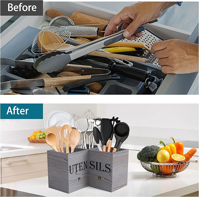 Suli Extra Large Kitchen Utensils Holder with 3 Compartments,Corner Shelf,Wooden Utensil Organizer for Kitchen Countertop, Farmhouse Decor, Rustic Cooking Utensil - Grey grain