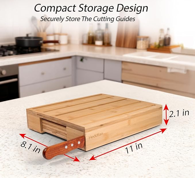 Bamboo Bread Slicer For Homemade Bread - Built-In Knife Slot, Crumb Catcher & Storage Compartment - Adjustable Extra Wide & High For Sourdough - Long 12” Knife Blade Included