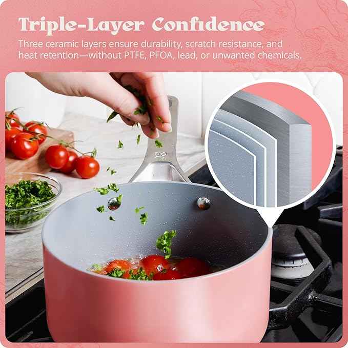 Premium Non-Toxic Ceramic Cookware Set – Triple-Layer Nonstick 12 Piece Pots and Pans with Lids, PFAS-Free, Oven Safe for Healthy Meals, Space-Saving Design, Coral Pink Color | Greater Goods