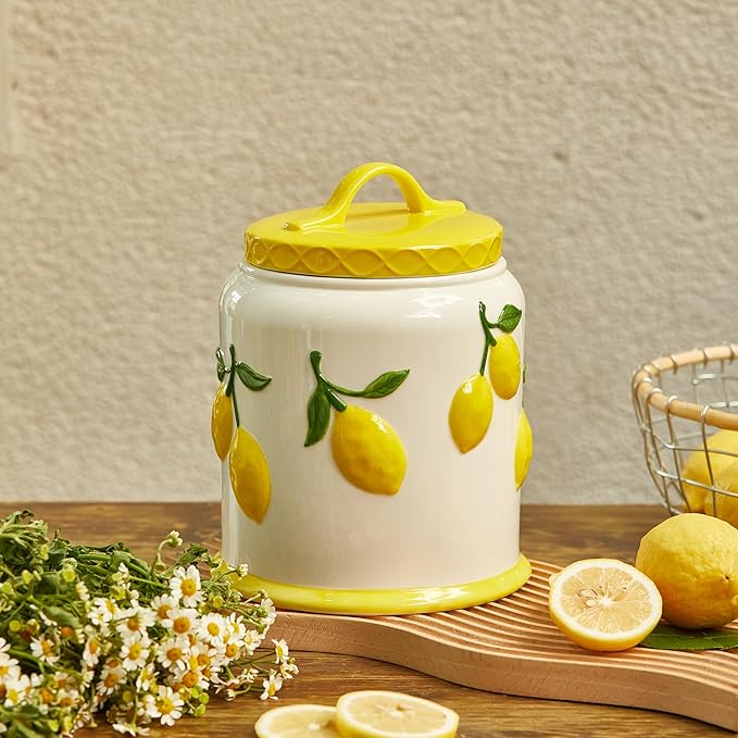 Bico Lemon Handpainted 9 inch Stoneware Cookie Jar, Dishwasher Safe, Air Tight Seal for Keeping Cookie, Spices, Coffee
