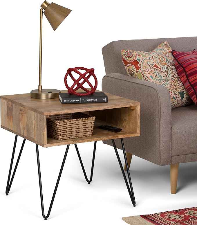SIMPLIHOME Hunter End Table - 22 inch Wide Solid Mango Wood and Metal Square Accent Table with Open Storage Compartment and Hairpin Legs in Natural, Industrial Nightstand for Living Room or Bedroom