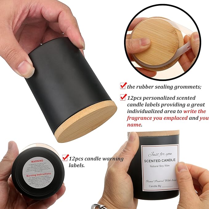 MILIVIXAY 12 Pack 7 OZ Black Matte Glass Candle Jars with Lids and Candle Making Kits - Bulk Empty Candle Jars for Making Candles - Spice, Powder Containers.