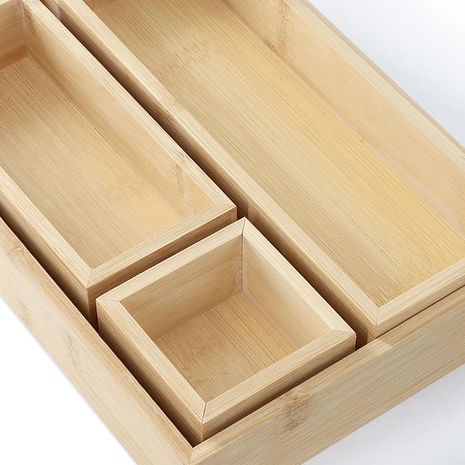 Elama 4 Piece Bamboo Wood Drawer Organizer Tray, Utensil Storage, Desk Drawer Storage (4 Piece Trays)