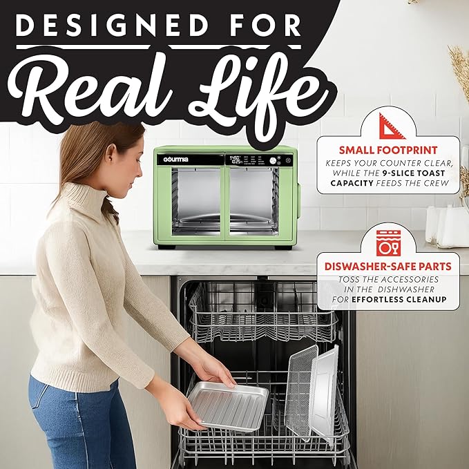 Gourmia French Door Air Fryer Oven - 37 Qt Large Capacity Convection Toaster Oven, FryForce 360°, Digital Display, 12 Cooking Presets, Dehydrate, Fits 13” Pizza, Dishwasher-Safe, Green