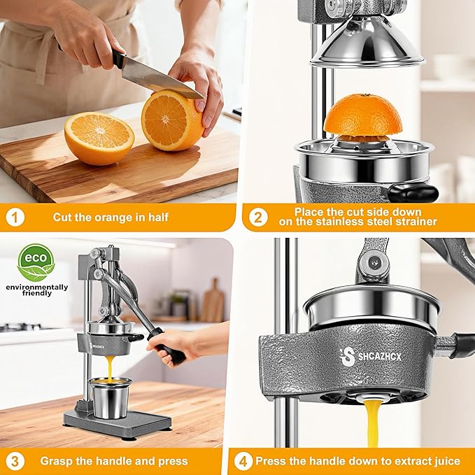 Cast Iron Juicer, Manual Citrus Press, Heavy Duty Hand Press Fruit Squeezer with Stable Base & Maximum Juice Yield for Orange Lemon Lime Pomegranate, Silver