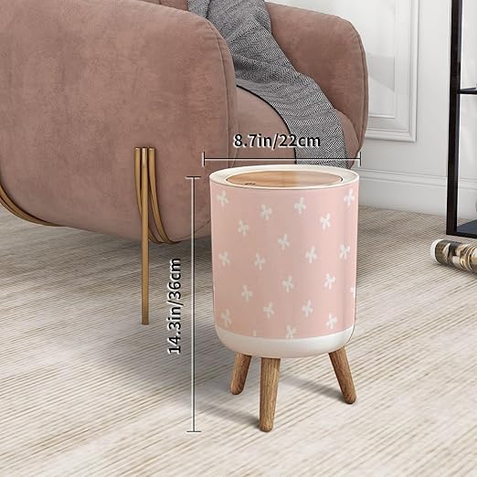 Trash Can with Lid White Bows Pink Repeat Seamless Press Top Round Small Garbage Bin with Wooden Legs Waste Basket for Kitchen Bedroom Nursery 7L/1.8 Gallon