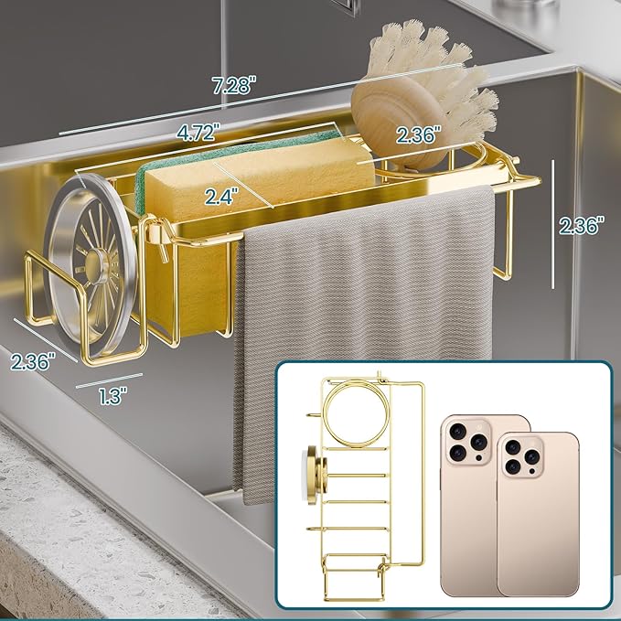 TAILI Sponge Holder with Strong Suction Cup, 4-in-1 Rustproof Sink Organizer - Sink Caddy Holds Sponges, Brushes, Stoppers & Scrapers -Gold