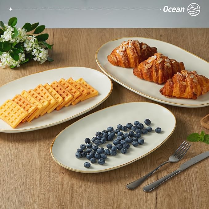 famiware Serving Platter, Oval 15.59/14.3/12.9inch Serving Dishes for Entertaining, Serving Bowls, Microwave Safe, Stoneware Serving Trays for Party, Food, Turkey, Cheese, Ocean Series, Vanilla White