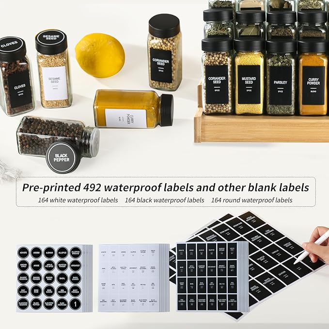 36 Glass Spice Jars with Labels, Spice Jar Set, 4oz Spice Containers, Seasoning Containers with Black Airtight Lids and Shaker Lids, Square Empty Spice Bottles, 492 Labels, 1 Funnel