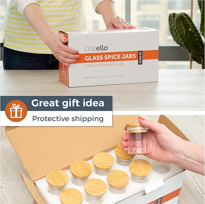Crutello 20 Pack 2.5 Oz Mini Spice Jars with Bamboo Lids, Dishwasher Safe Jars for Spices, Honey, Beans, Rice, Party Favors | Crutello is a Family-Owned American Brand
