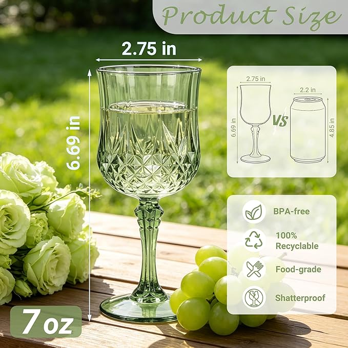 Plastic Wine Glasses, Plastic Goblets Vintage Style Cordial Unbreakable Drinking Glasses, Reusable Drinkware for Wedding Reception, Grand Event Party Supplies (12, New Green)