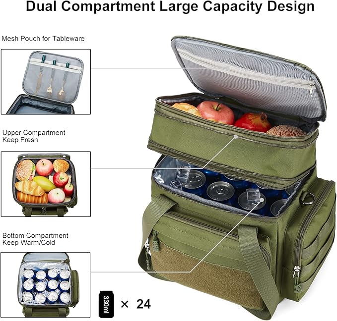 Gafetrey Tactical Lunch Box for Men, Insulated Lunch Bag Adult, Thermal Lunchbox Leakproof Waterproof Cooler Bag, Dual Compartment Lunch tote, Large Lunch Pail for Work Office Travel(Green) 15L
