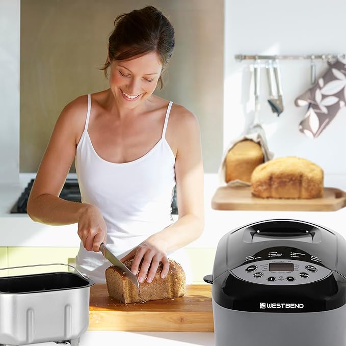 West Bend Hi-Rise Bread Maker Machine Programmable 12 Programs Including Gluten Free & 3 Loaf Sizes and Crust Colors with Traditionally-Shaped Horizontal Bread Pan with Dual Knead Blades, 3-Lb, Gray