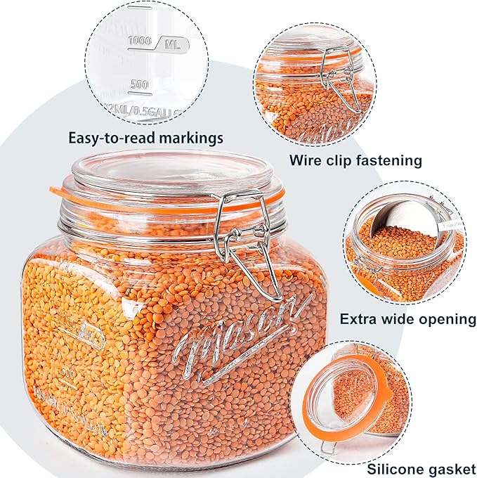 2 Pack Half Gallon Mason Jar with Hinged Lid, Wide Mouth Glass Canisters for Food Storage, Cookie, Flour, Candy, Coffee, Pickle - 64 Oz Glass Jar with Lid - 2 Scale Marks & Vintage Mason Jars