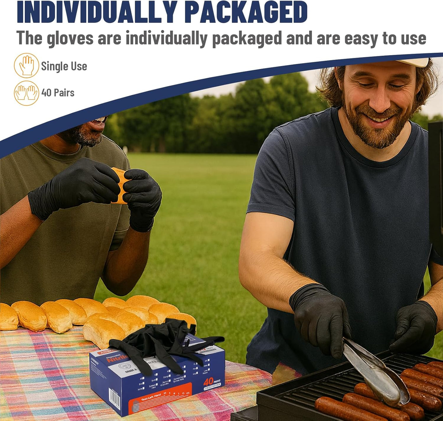 Nitrile Gloves 5mil Disposable, 40 Pairs (80 Gloves), Individually Wrapped 2 Pack, Latex Free, Powder Free, Comfortable Fit, Durable Gloves for Work, Food Prep, Cleaning, Household, Travel Use, Large