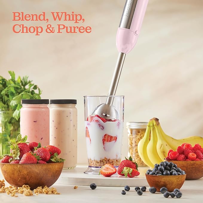 Powerful Immersion Blender, Electric Hand Blender 500 Watt with Turbo Mode, Detachable Base. Handheld Kitchen Blender Stick for Soup, Smoothie, Puree, Baby Food, 304 Stainless Steel Blades (Pink)