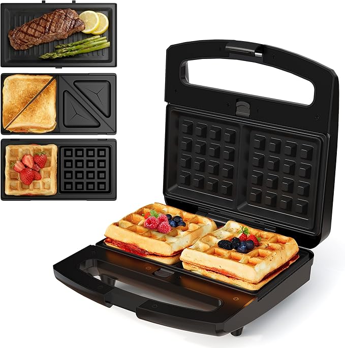Sunvivi 3 in 1 Sandwich Maker, Electric Waffle Maker with Removable Non-stick Plates, 800W Panini Press Grill with Glass Top, Cool Touch Handle & Easy to Clean, Black