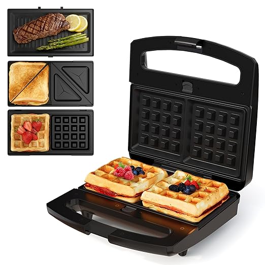 Sandwich Maker Panini Press Grill, 3 in 1 Electric Waffle Maker with Removable Non-stick Plates, Glass Top, Cool Touch Handle & Easy to Clean, 800W