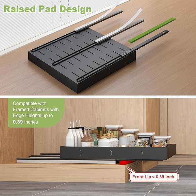 2-Pack-Expandable-Pull-Out-Cabinet-Organizers For Kitchen, Adjustable Slide Out No Drill Adhesive Drawers With Raising Pad For Framed Cabinet, Heavy Duty Sliding Roll Out Shelves Inside Cabinet