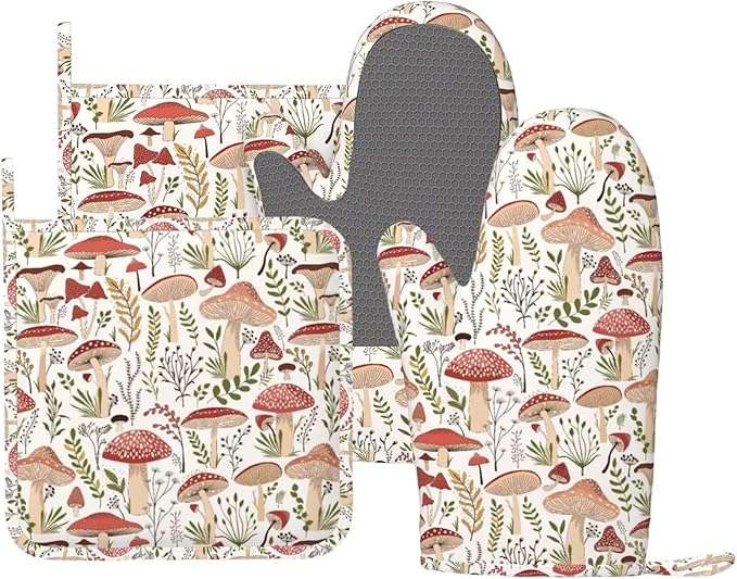 Mushroom Leaves Boho Plants Oven Mitts and Pot Holders Sets Silicone Mushrooms Kitchen Oven Mitts Hot Pads Heat Resistant Vintage Mushrooms Potholders Kitchen Mitts Set for Baking Cooking