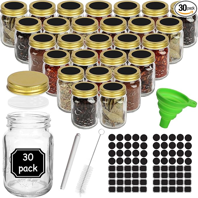 CycleMore 30 Pack 4oz Glass Mason Spice Jars, Round Spice Containers with Gold Metal Caps and Pour/Sift Shaker Lids-80pcs Labels,1pcs Silicone Collapsible Funnel,1Brush and Pen Included