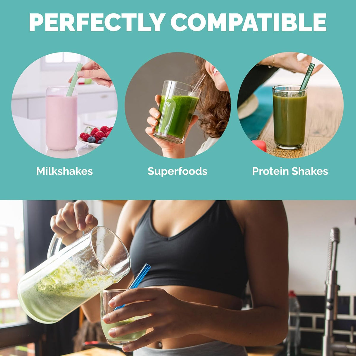 Simply Straws 8 Inch Wide Glass Straws (6-Pack) - 12mm Reusable Boba Straws for Milkshakes & Smoothies, with Cleaning Brush - Dishwasher Safe, Hot & Cold Use, BPA-Free (Meadow)
