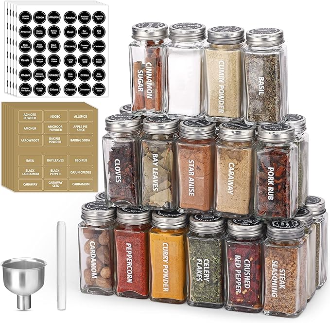 Antimbee 28 Pcs Clear Glass Spice Jars,3.5 oz Glass spice jar with 324 labels, Funnel,Chalk Pen,Shaker Lids and Airtight Metal Caps, Empty Square Spice Bottles for Spice Rack, Cabinet, Drawer
