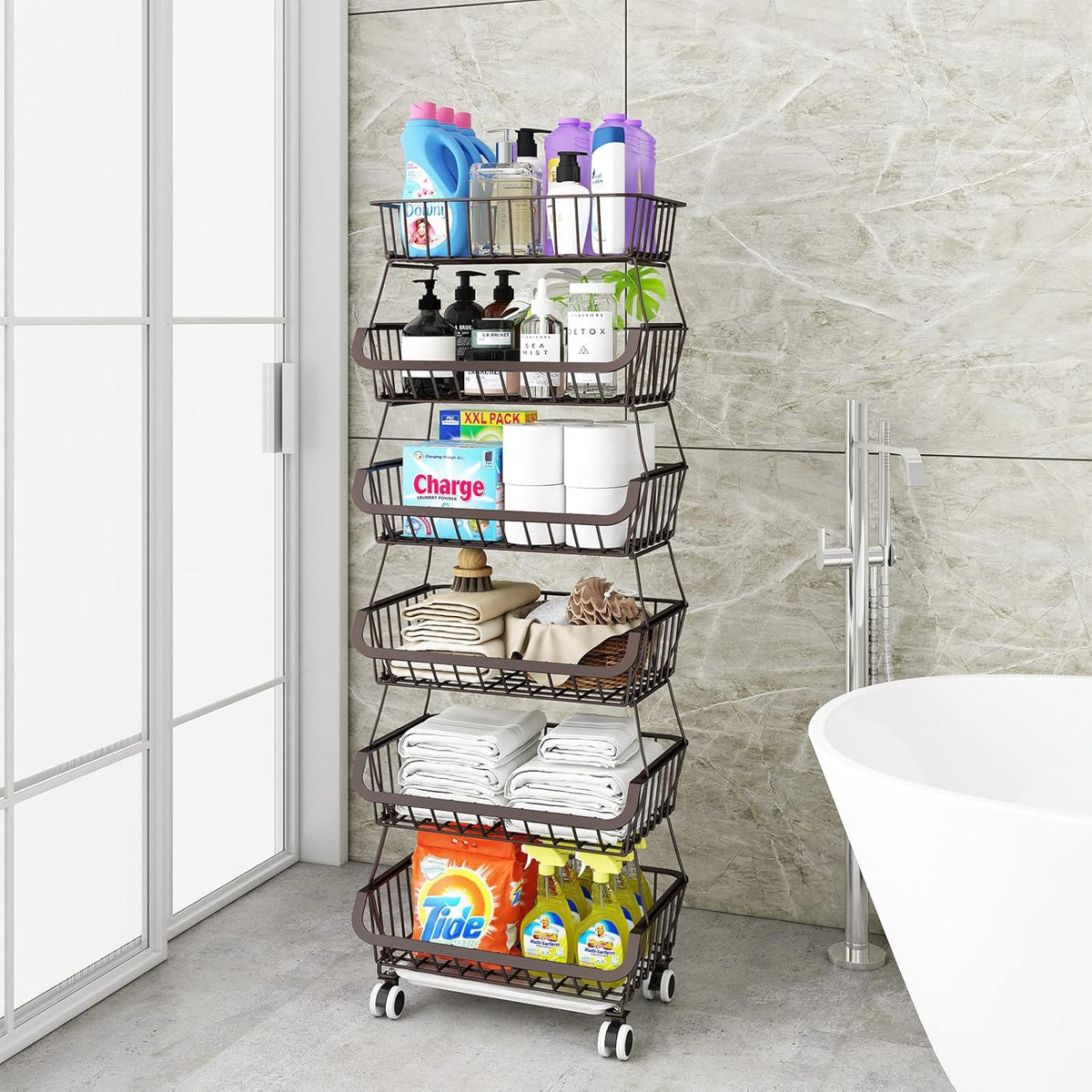 Fruit Vegetable Storage Basket for Kitchen - 6 Tier Stackable Metal Wire Baskets Cart with Rolling Wheels Utility Fruits Rack Produce Snack Organizer Bins for Pantry Bathroom Laundry Bronze