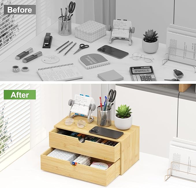 Wisuce Desk Organizer with Drawers - Bamboo Desktop Organizer Storage | White-Natural Wood Desk Drawers Organizer for Bills, Office Supplies, Cosmetics, Seals No Assembly Required(2 drawers edge-free)