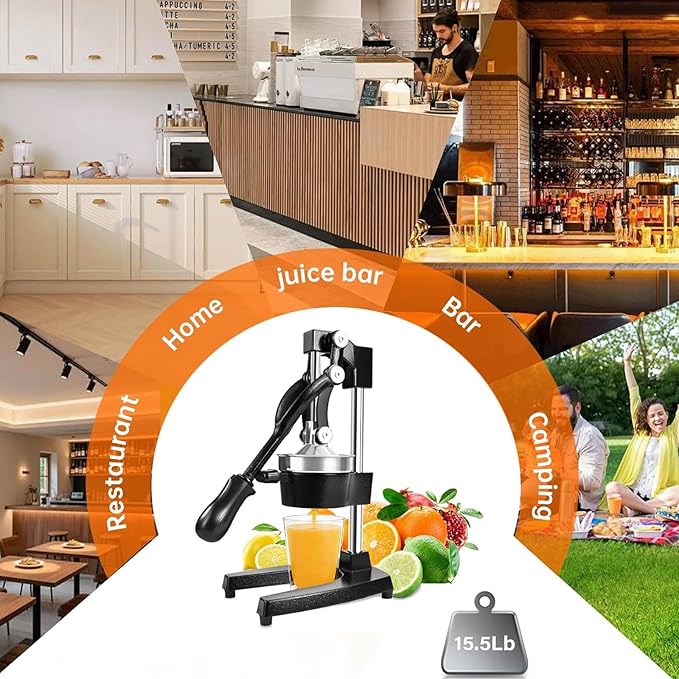 Cast Iron Manual Citrus Juicer Hand Press, Heavy-Duty Commercial Grade, Stainless Steel Lemon Orange Squeezer Effortless, Stable, Easy Clean for Home, Bar, Commercial Use