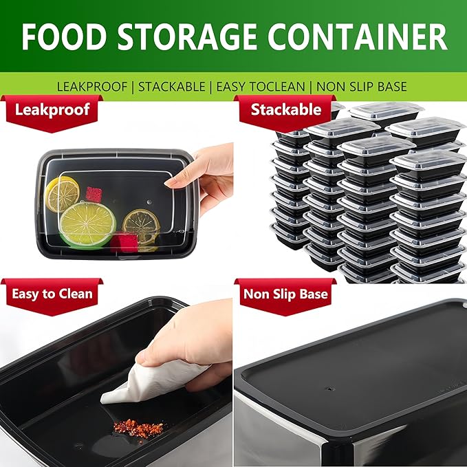 32oz Meal Prep Containers Bulk 48 Set with Forks and Lids - 1 Compartment Food Containers Leakproof Snack Container Food Storage Containers, Freezer Safe Plastic Lunch Take Out Box