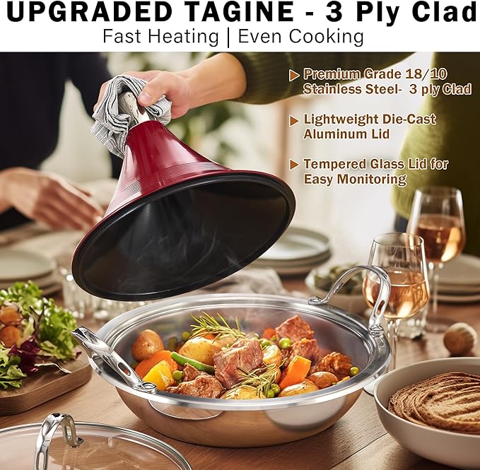 Cooks Standard Moroccan Tagine Pot 3.6 Qt, 11 Inch Multi-Ply Clad Stainless Steel Pan with Dual Handles, Clay Pot Alternative for Slow Cooking, with Conical Die-Cast Aluminum & Glass Lid, Red