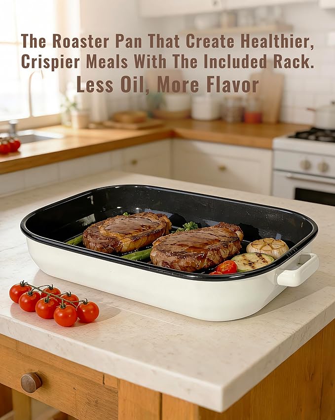Roasting Pan for Oven with Rack 6-Piece Enamel Lasagna Baking Dishes Set 14&17 Inch, 572°F High Temperature Resistance Dishwasher Safe Non-Stick Deep Turkey Roaster Pan Mothers Day Gift Bakeware