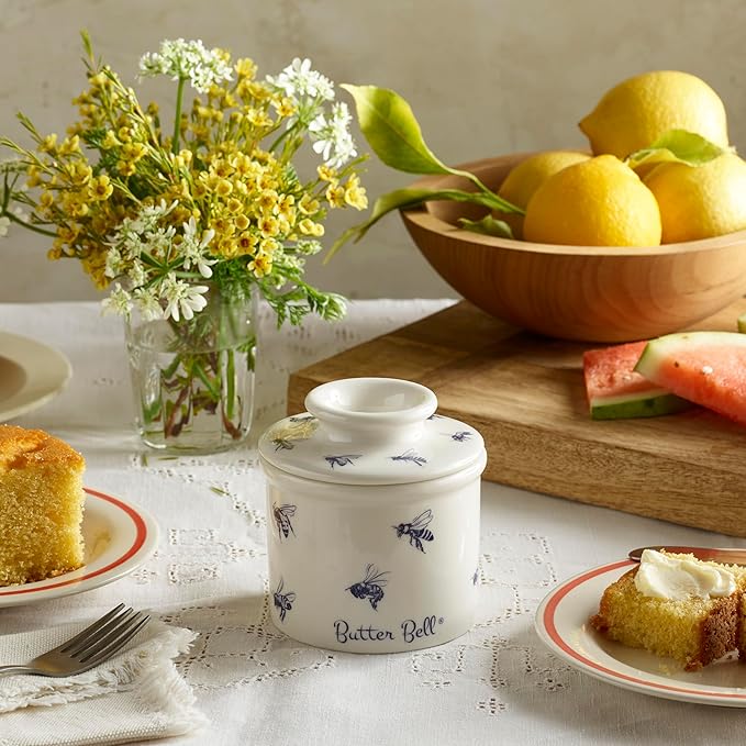 Butter Bell - The Original Butter Bell crock by L Tremain, a Countertop French Ceramic Butter Dish Keeper with Lid for Spreadable Butter, Farmhouse Collection, Honey Bees, Blue & White
