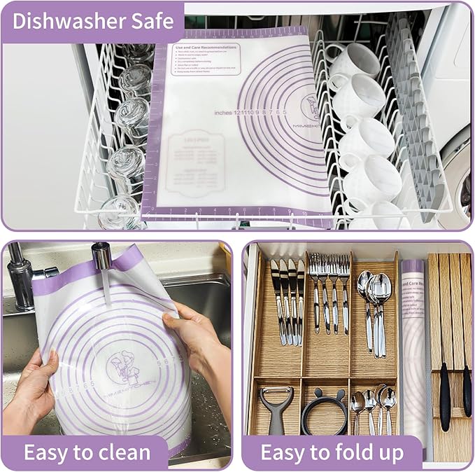 Silicone Pastrty Mat for Dough Rolling, Extra Thick Silicone Baking Mat, Fondant Mat for Making Cookies Macarons Bread Pizza Oven Mat, Silicone Mat for Baking Purple 26X16INCH