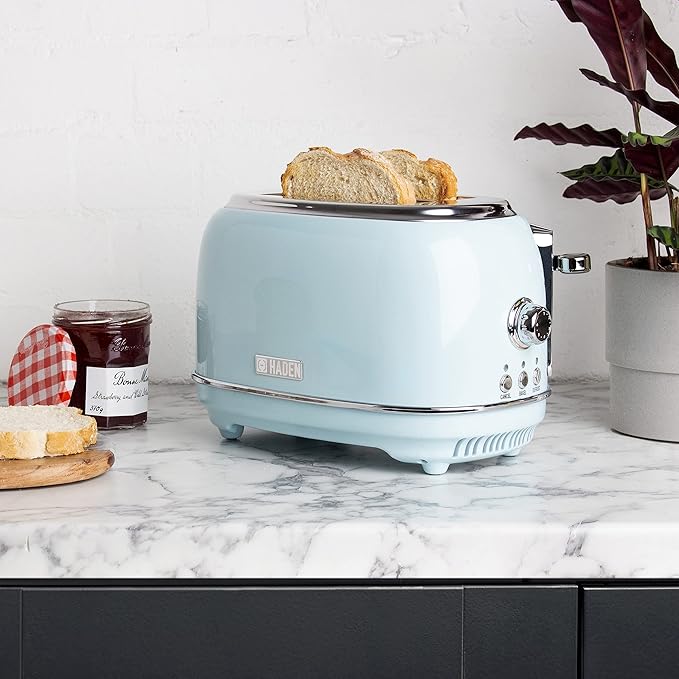 Haden Heritage 2 Slice Wide Slot Stainless Steel Toaster with Adjustable Browning Control & Non-Slip Feet, Turquoise & Chrome