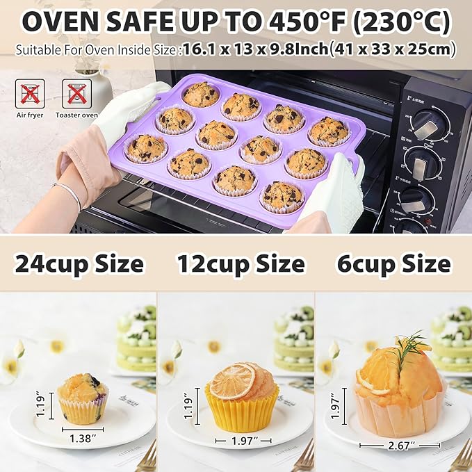 2 Pack Silicone Muffin Pan 12 and 24 Cup with Metal Frame, Non Stick Silicone Mini Cupcake Pan with Handles, BPA Free Silicon Regular Muffin Tin Tray Small for baking, egg bites, Mold Purple