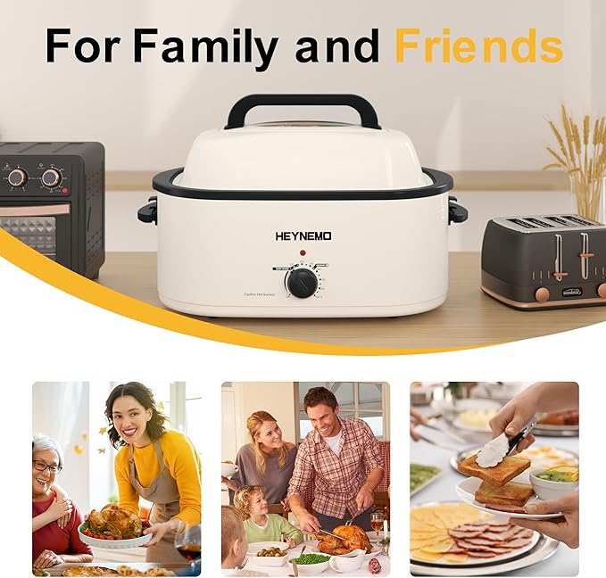 26 Quart Electric Roaster Oven with Visible & Self-Basting Lid, Large Turkey Roaster with Defrost Warm Function, Adjustable Temperature, Removable Pan Rack, Stainless Steel, White
