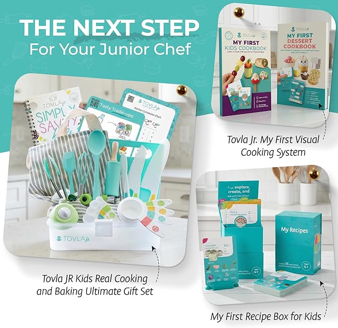 Tovla Jr Kids Safe Knife Set for Real Cooking | Toddler Knife Set with Chopper and Cutting Boards | Montessori Kitchen Tools with Visual Recipe Booklet | Ages 4 to 10
