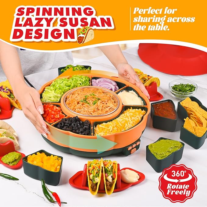 Taco Tuesday Kit - Taco Bar Serving Set for a Party with 33oz Heated Pot, 4 Taco Holders, Detachable Lazy Susan Tray, Perfect for Parties, Nachos Taco Night Fiesta Unique Couple & Housewarming Gift