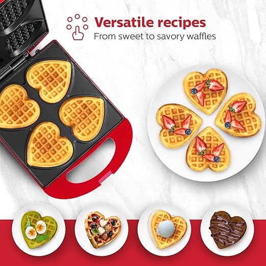 Holstein Housewares 4-Section Heart Shaped Waffle Maker, Non-Stick Waffle Iron, Mini Waffle Maker for Kids, Non-Toxic Coating, Easy to Clean, Makes 4 Heart-Shaped Waffles in Minutes, Red