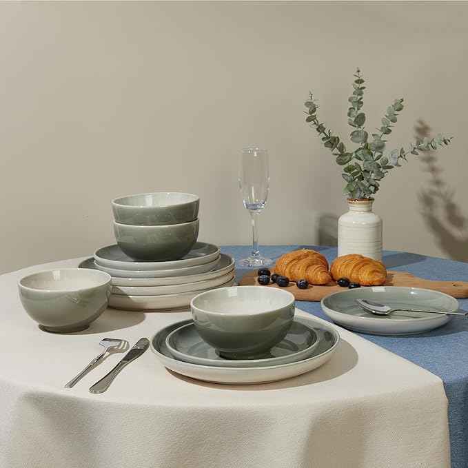 Stoneware Dinnerware Sets, Ceramic Plates and Bowls Set, Microwave & Dishwasher Safe Kitchen Dish Set, Modern Dinner Salad Plates | Cereal Bowls for 4, Dishware Sets Gray Green