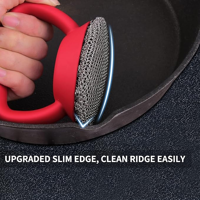 Cast Iron Cleaner Scrubber+Tray with Handle, Welded Chainmail Scrubber for Pan Pot Oven Wok Cleaning- Small Ring Chain Scrub Metal Brush Iron Skillet Steel Wool Scrubber Steel Sponge