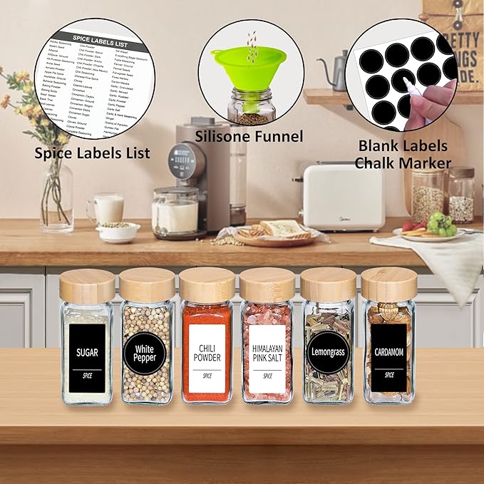 Churboro 36 Spice Jars with Labels- Spice Jars with Bamboo Lids - 4 Oz Glass Spice Containers with Shaker Lids, 547 Spice Labels of 3 Different Types Seasoning Jars for Spice Rack, Cabinet, or Drawer