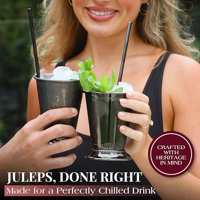 Gusto Nostro Mint Julep Cups Set of 2 - Stainless Steel Julep Cup Kit with Straws, Muddler, Spoon, Recipes, Vases - Southern-style Cocktail Glasses for Home Bar - Stainless Steel Cocktail Cups (Black)