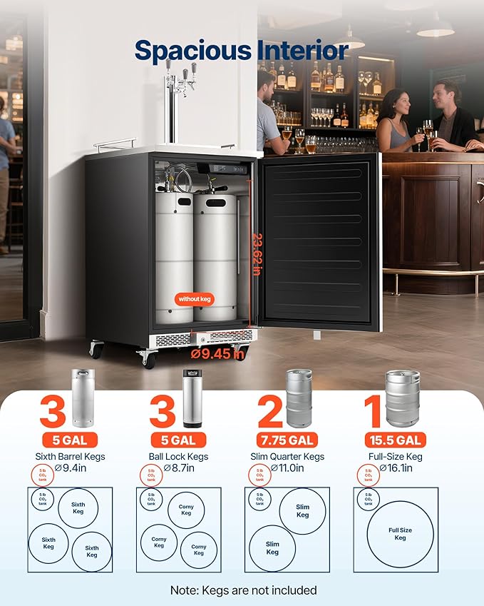 VEVOR Beer Kegerator, Triple Tap Commercial Draft Beer Dispenser for D system, Full Size Keg Refrigerator with 5lbs CO2 Tank, Hold 3 Sixth/2 Slim/3 Ball lock keg (3 taps - D system - stainless steel)