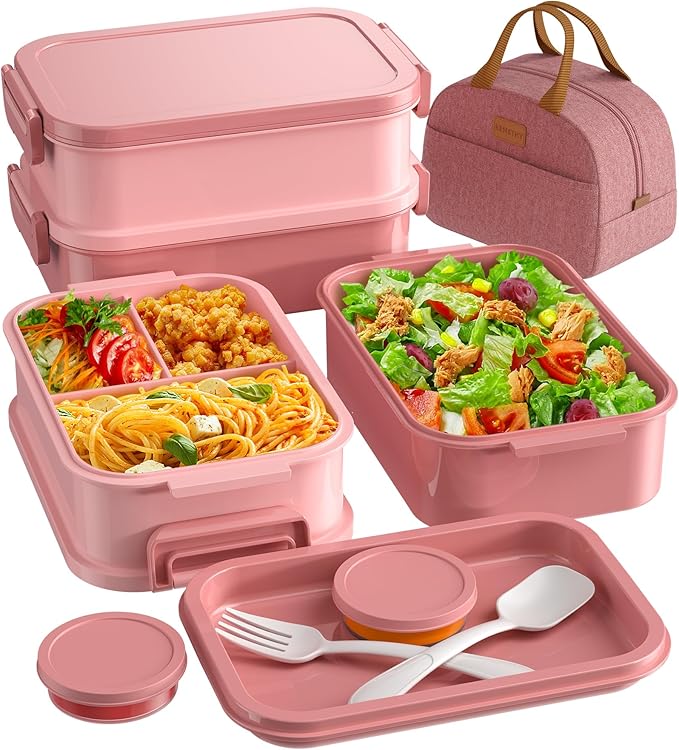 KEMETHY Adults Bento Lunch Box Set with Thermo Bag, 74oz Stackable Leak-proof 3-tiers Bento Box, Built-in Utensil and Sauce Container for Work, School, Dining Out (Pink)