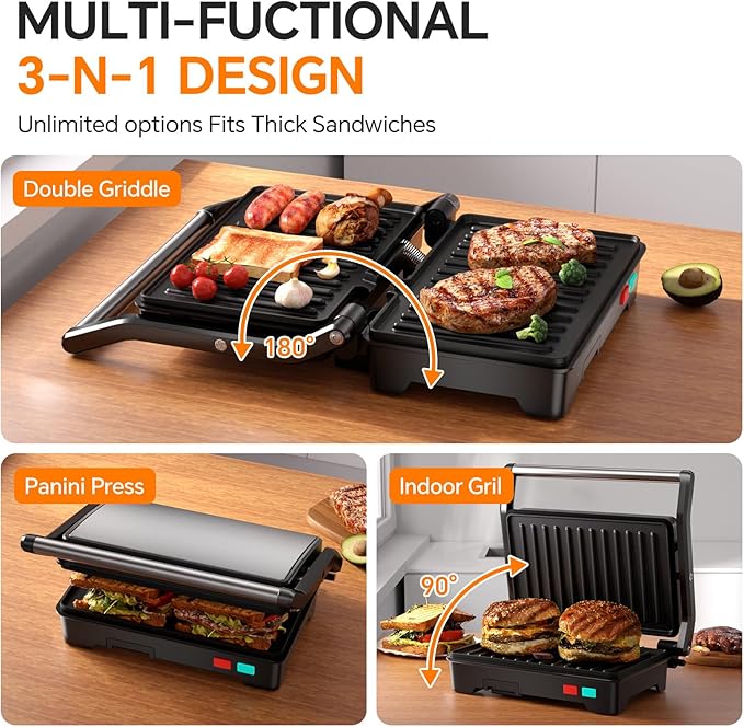 Panini Press Grill, 1000W Sandwich Maker with Non-Stick Coated Plates, Opens 180 Degrees for Any Size of Food, 3-in-1 Sandwich Press Electric Grill, Stainless Steel Surface and Removable Drip Tray