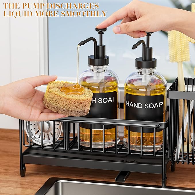 Kitchen Soap Dispenser Set with Sponge Holder and Towel Rack, 17OZ Glass Bottle, Hand and Dish Soap Dispenser Set, Non-Slip Silicone Pad, Brush Holder, Sink Organizer Countertop (Transparent)