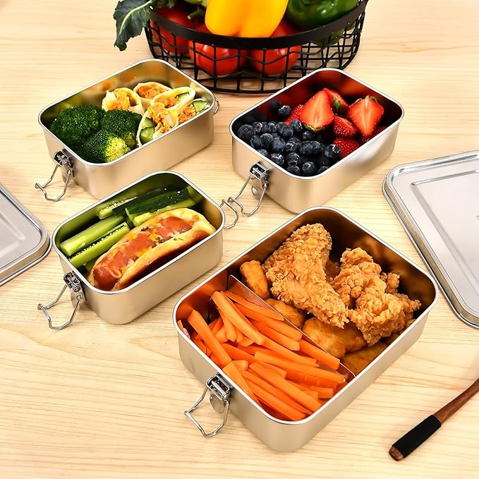 4 PCS Stainless Steel Bento Box 4-Size, Metal Lunch Box, Food Containers, Lunch Container for Home, Work, Camping (550ml+850ml+1400ml+2400ml)